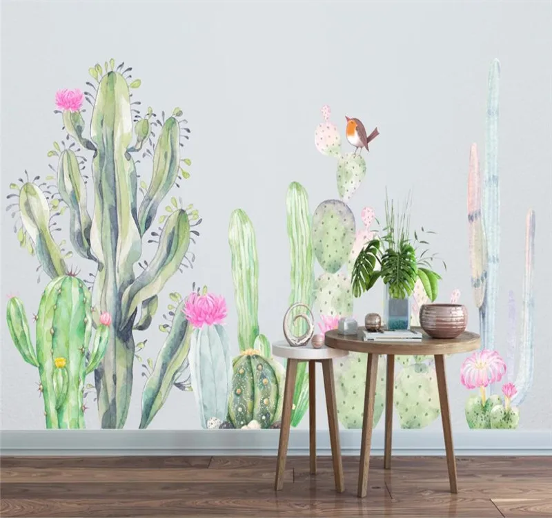 

Professional custom wallpaper simple hand-painted american garden cactus living room tv background wall