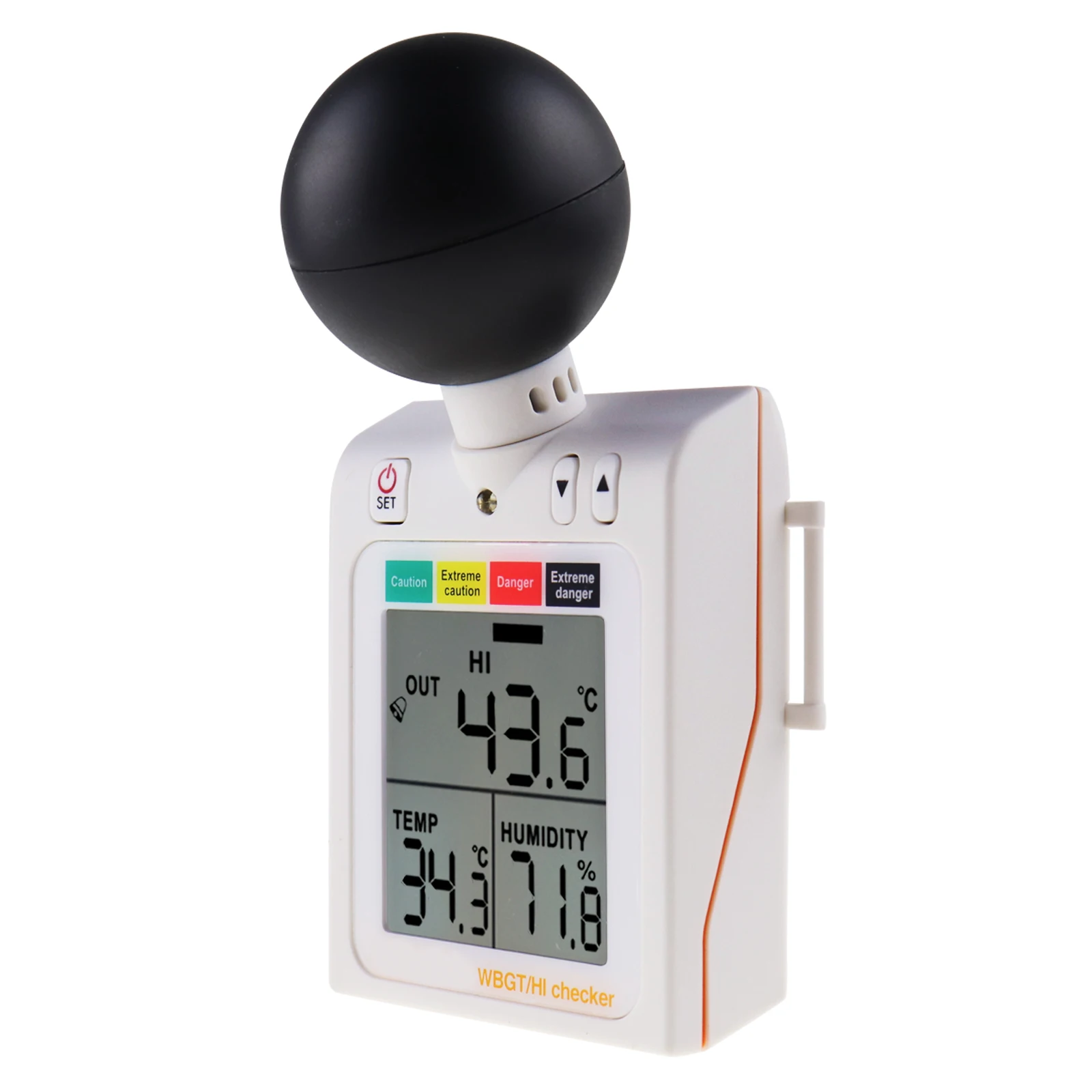 

2-in-1 WBGT + HI Heat Index Checker Wet Bulb Globe Temperature Heat Stress Meter with Dangerous Level Indicator Audible Alarm