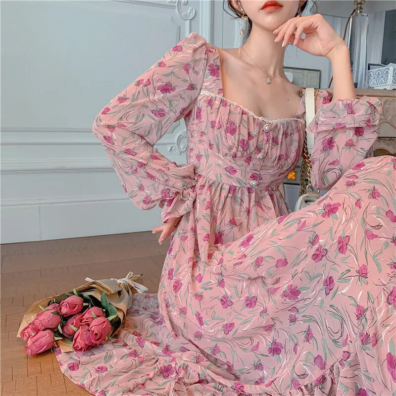 

New large size retro square neck floral chiffon long skirt thin dress