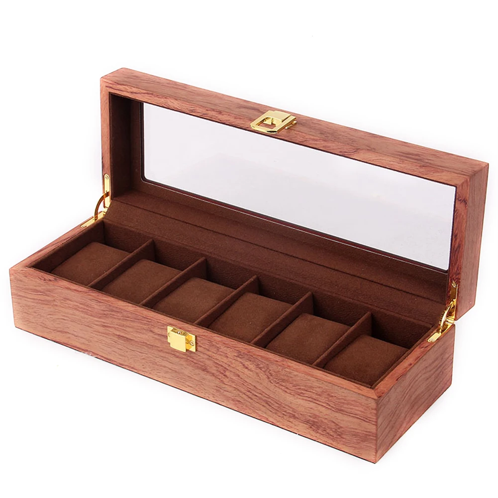 

6 Slot Protective Home Decoration Jewelry Organizer Practical Watch Box Storage Case Glass Top Vintage Style Portable Wooden