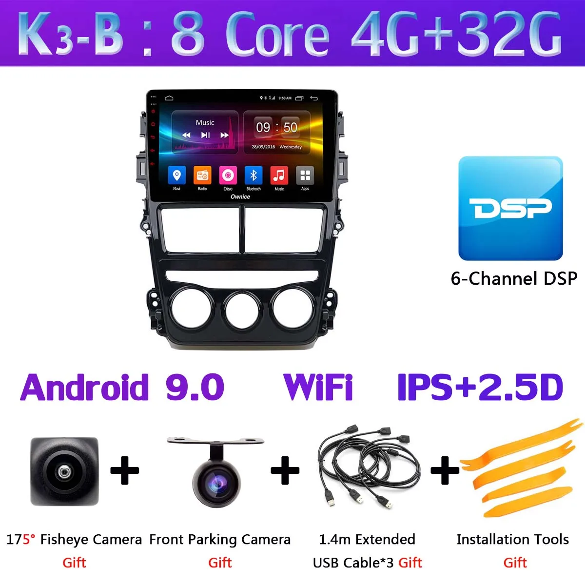 K3-B Панорамная камера 360 ° Android 9,0 Восьмиядерный 4G+ 64G DSP CarPlay Автомобильный плеер для Toyota Yaris Vios MT на gps радио - Цвет: K3-B