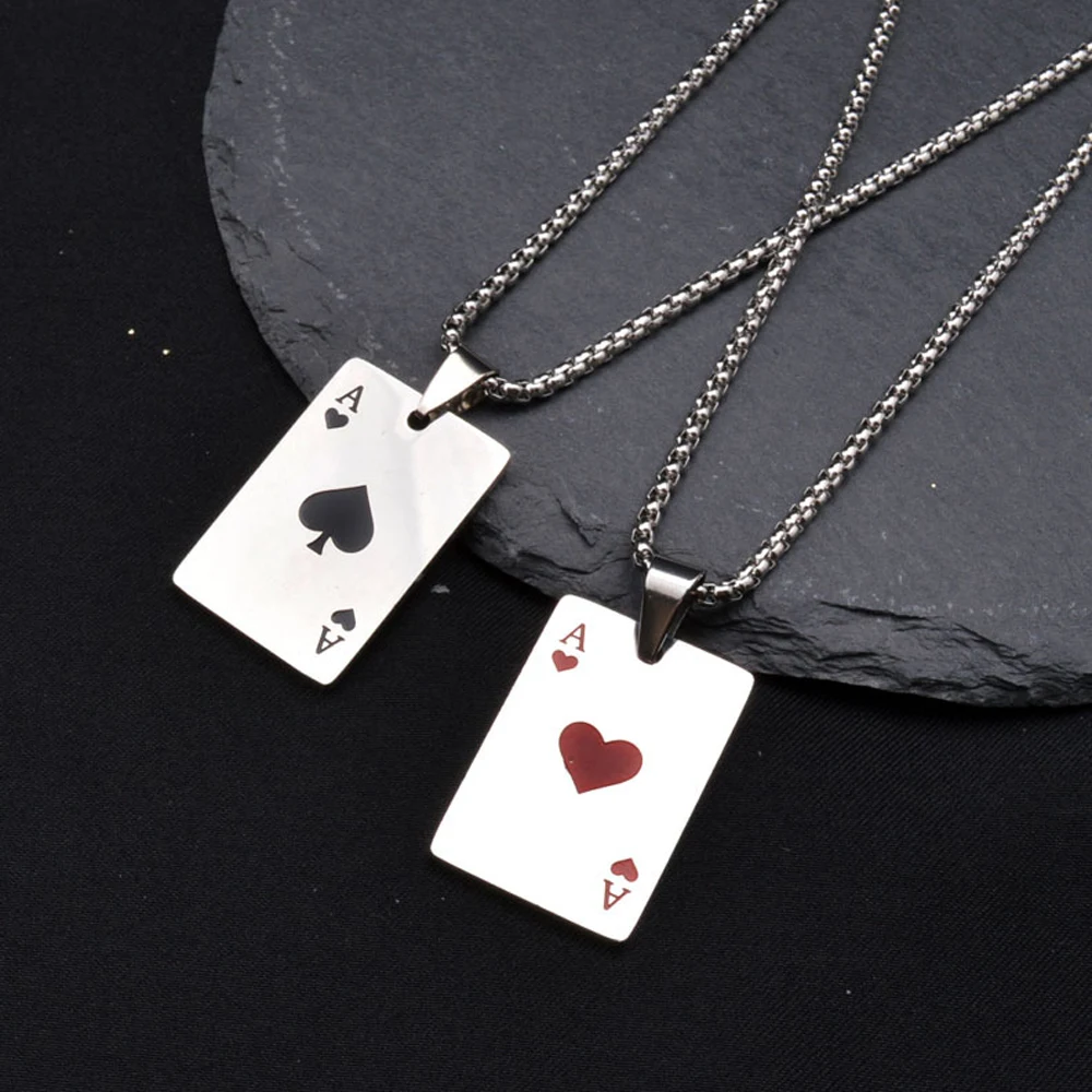 

Men Statement Poker Lucky Ace of Spades Pendant Necklace Red Black Silver Color Stainless Steel Jewelry Fortune Playing Cards