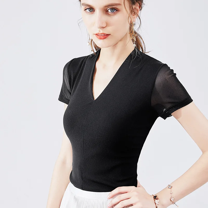 

Sexy V-neck short sleeve t-shirt female Xia Che Lizi red tight half sleeve Korean screen top with exposed collarbone