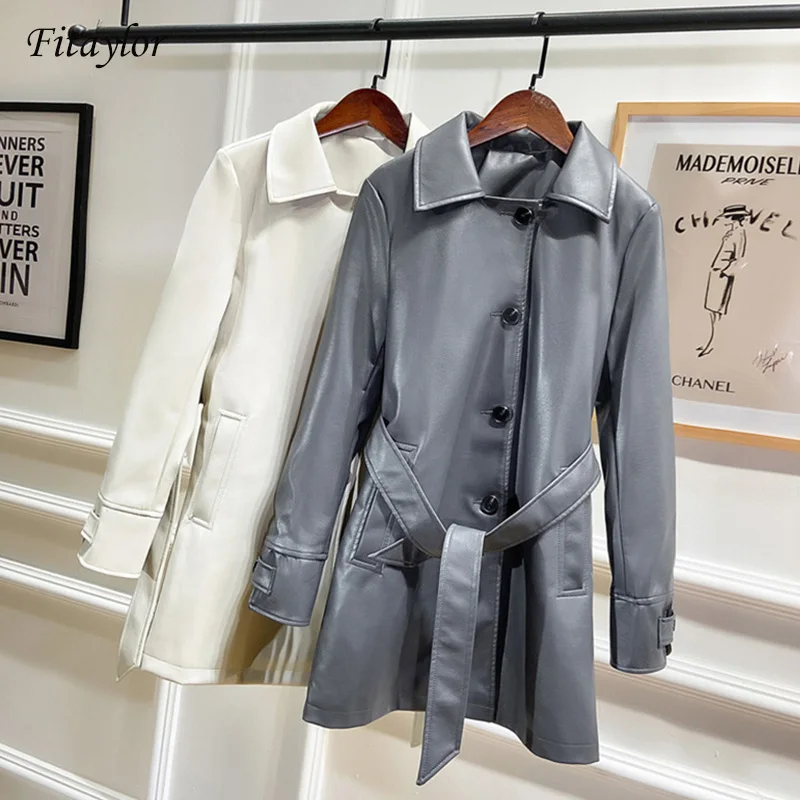 Куртка женская из искусственной кожи средней длины с поясом на завязках|Кожаные