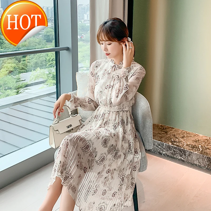 

Шифоновое платье, в иностранном стиле, тонкое, с длинными рукавами, с цветочным рисунком, нежное, для женщин, 2021