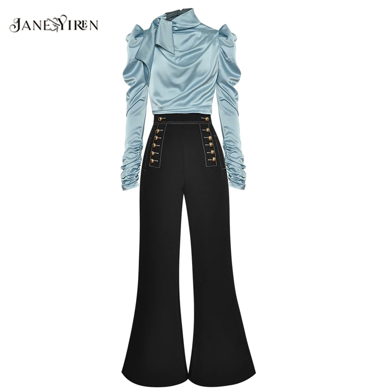 

Jianyiren Fashion Designer Set Autumn Women Ruched Long Sleeve Tops+Double breasted bell-bottoms Two-piece set