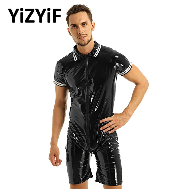 

Mens Sexy Lingerie Bodysuit Wet Look Patent Leather Short Sleeve Front Zipper Boxer Briefs Leotard Bodysuit Sexy Night Club Wear