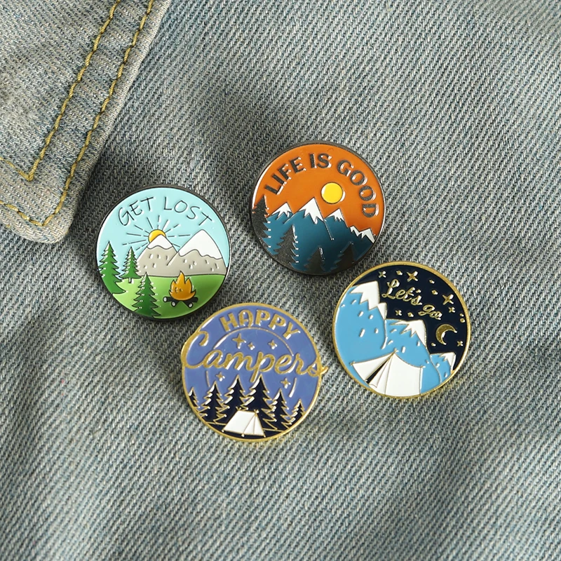 

Travel Quotes Enamel Pin Outdoors Adventure Campfire Sunset Forest Brooches Cartoon Lapel Pins Badge Jewelry Gift for Friends