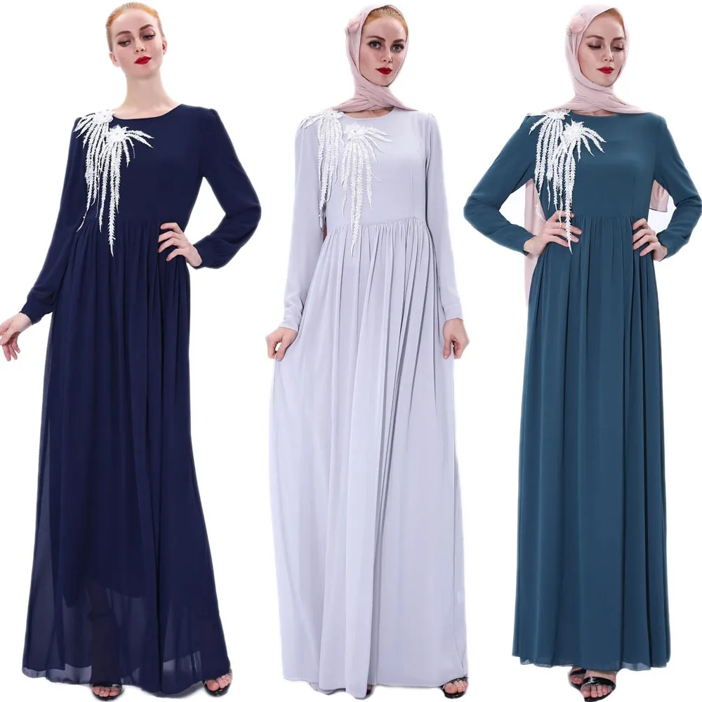 Модное женское мусульманское платье макси, шифоновое платье-кафтан с цветочным рисунком, Элегантное повседневное платье в турецком стиле д...