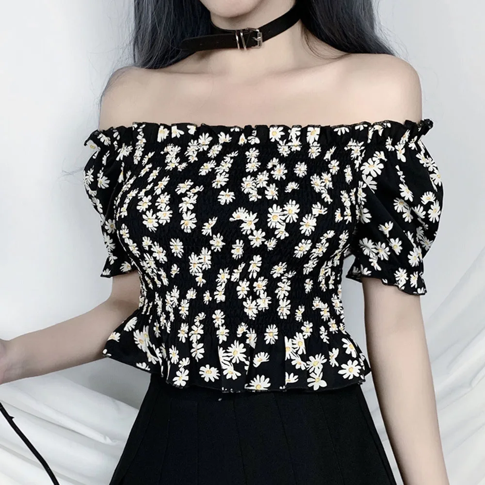 Gothic Chic Floral Blouse Summer Off Shoulder Sexy Blouses Women Tops Black Pleated Shirt Girl Goth Club Beach Shirts Crop Top | Женская