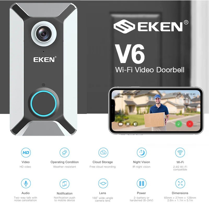 Eken V6 wifi умная Беспроводная 720P Водонепроницаемая видеокамера на дверной звонок Облачное хранилище дома безопасности домофонный дверной звонок серый