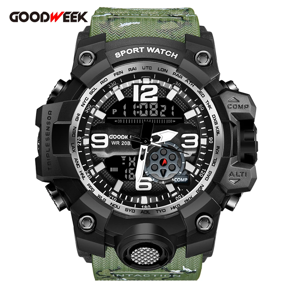Водонепроницаемые военные часы GOODWEEK мужские спортивные с компасом Уличные