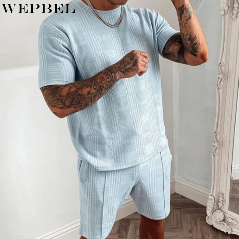 

WEPBEL Summer Fashion Straight Plaid Suit Men's Casual Short Sleeves O-Neck T-shirt + High Waist Pocket Shorts Sports Suit