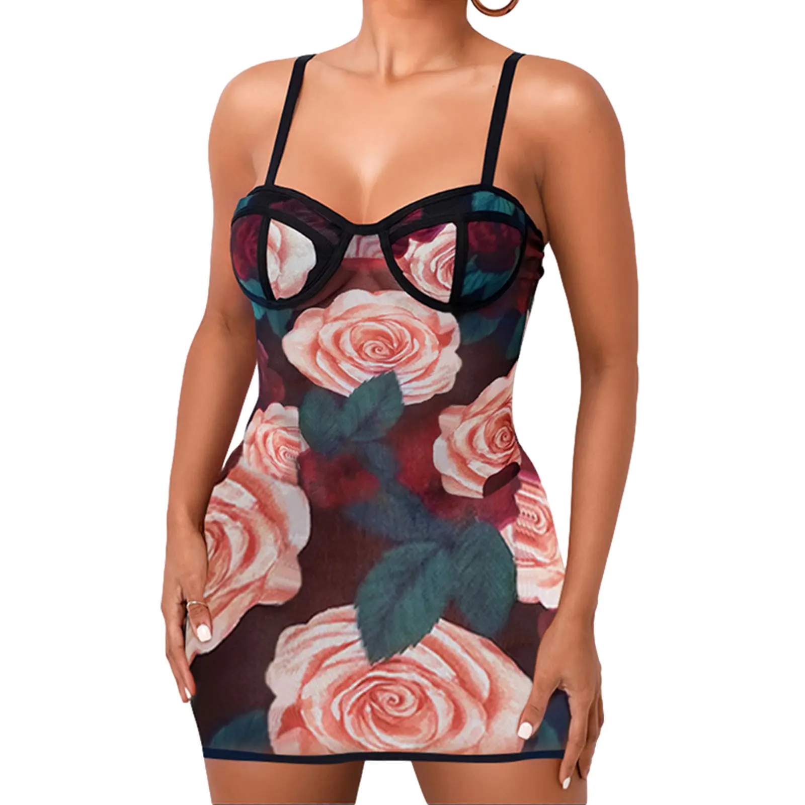 

Женское сексуальное платье на бретельках без рукавов, Повседневная облегающая юбка с цветочным принтом, облегающее платье с низким воротни...