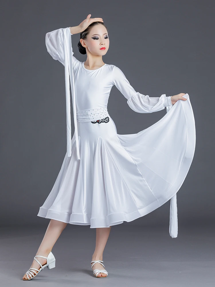 

Бальные соревнования сценическая одежда для девочек рукав-фонарик стандартное платье для вальса для выступления Стразы ремень одежда для ...