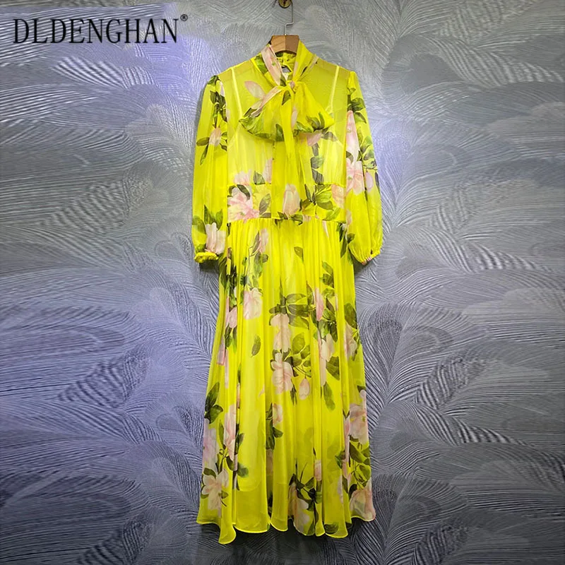 

DLDENGHAN Fashion Rose Flower Print Chiffon Dress Bow Collar Lantern Sleeve Big Pendulum Vacation Long Dresses Designer New
