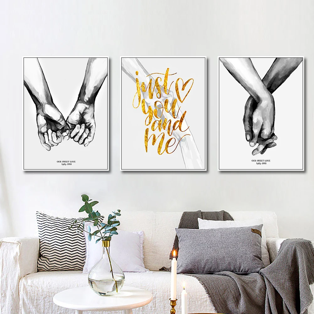 

3pcs Set Hand in Hand Wall Art Canvas Print Poster Black And White Art Deco Painting For Living Room Bedroom Home Decoration