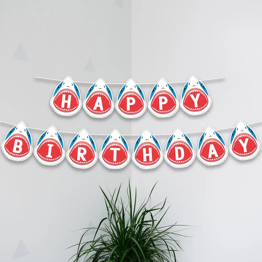 

Happy Brithday Shark Banner Paper Shark Banner Festival Party Background Wall Decoration Ocean Theme Pull Flag Garland