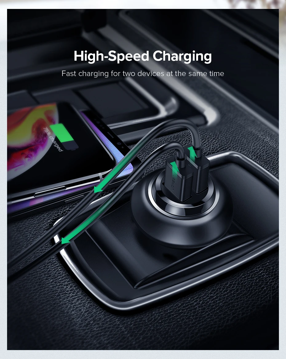 Ugreen мини USB Автомобильное зарядное устройство для мобильного телефона планшета gps 4.8A быстрое зарядное устройство автомобильное зарядное устройство двойной USB автомобильный адаптер зарядного устройства для телефона в автомобиле