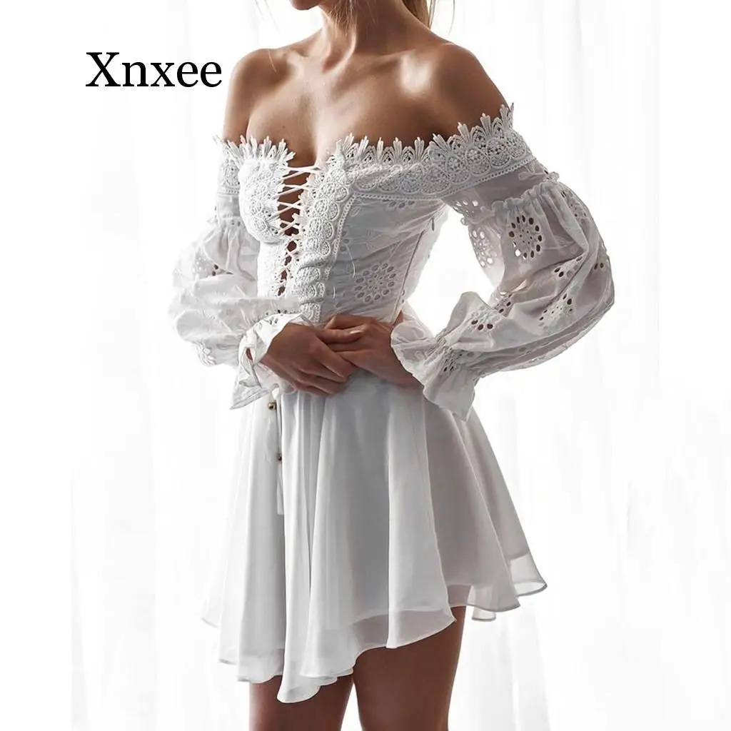 

Женское кружевное платье с открытыми плечами, белое платье-трапеция с вырезом лодочкой и длинным рукавом, Клубное Бандажное мини-платье с в...