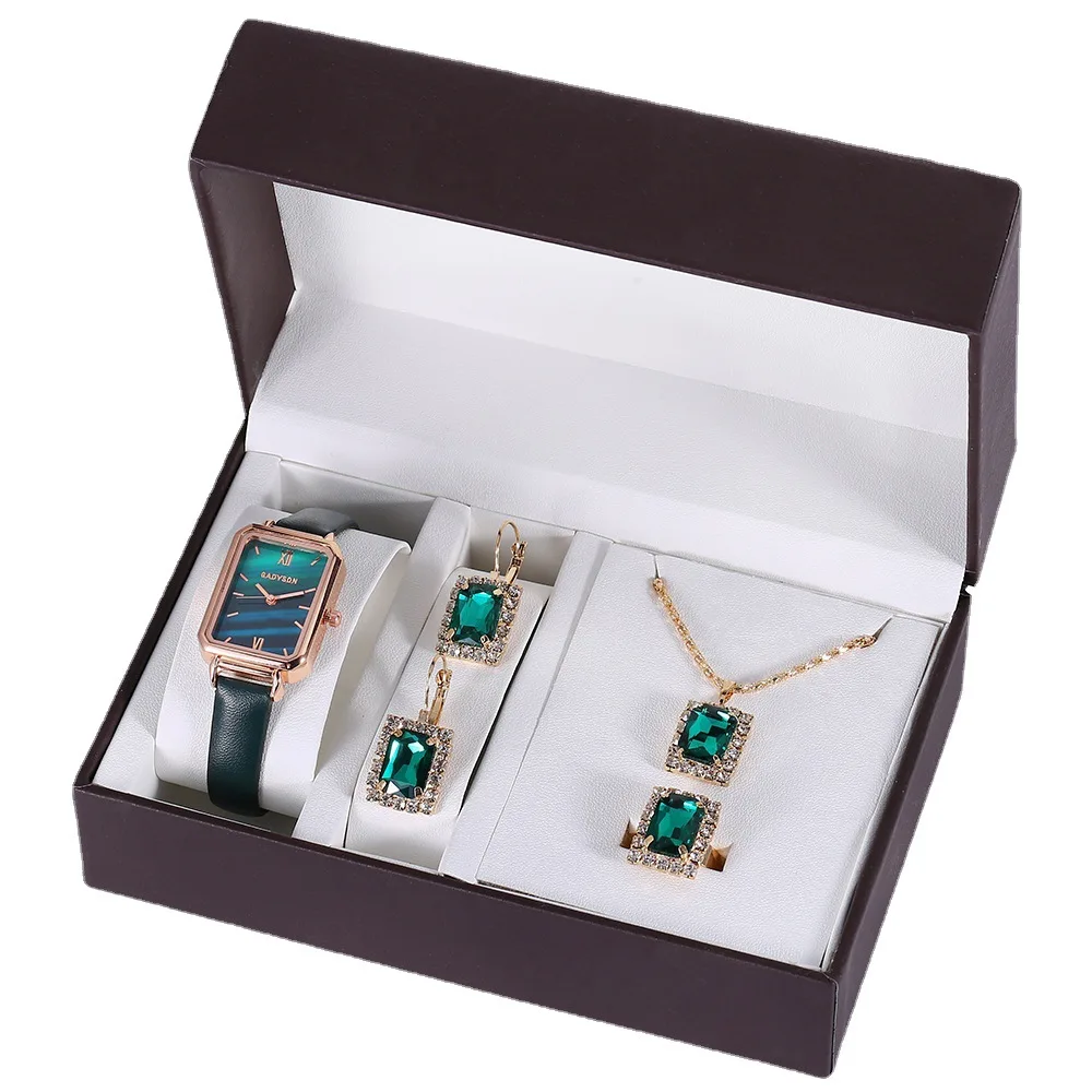 

(5pcs / set) elegant gift set pu with quartz watch + Bracelet + Necklace + Ring + Earrings Green gem lady's Gift Set