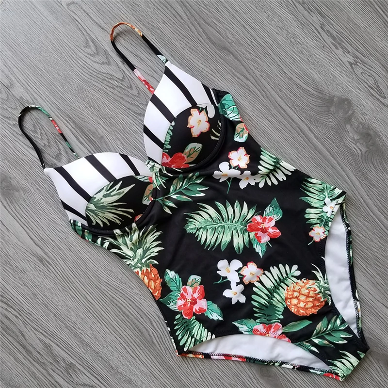 Женский купальник с пуш ап открытой спиной монокини принтом купальный костюм для