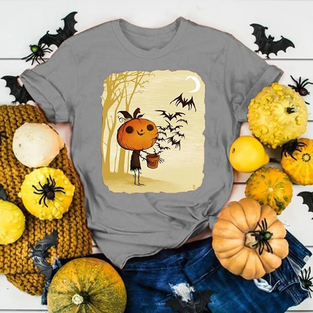 

2020 trendy new outfits Halloween Women Short Sleeve Casual T-Shirt Pumpkin Funny Print Tops Bufanda mujer