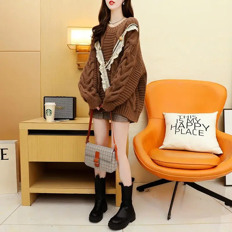 

DAYIFUN Oversized Solid Sweater O Neck Pullover Lace Harajuku Knitted Jumper Casual Loose Lazy Style Knitwear Warm Winter Tops
