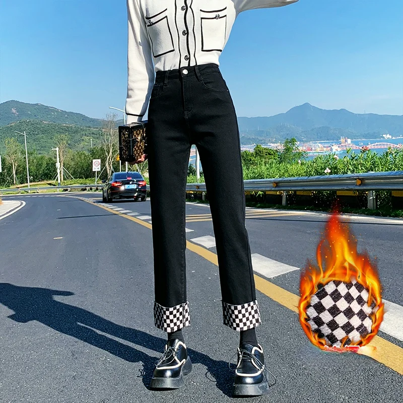 

Женские шахматные джинсы в шахматную клетку, новый стиль, флисовые прямые мешковатые ретро брюки в стиле пэчворк Y2k, трендовые штаны для жен...