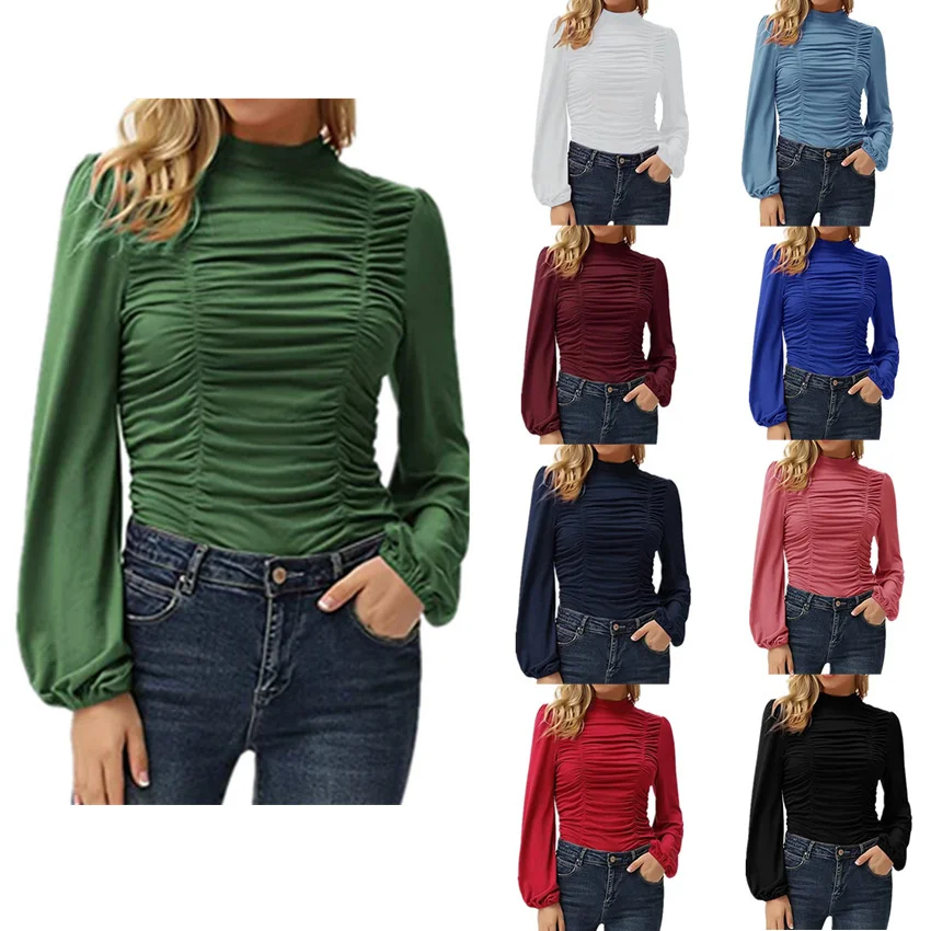 

Новинка 2021ai Xier однотонная облегающая футболка с рукавами-фонариками и высоким воротником в складку для женщин