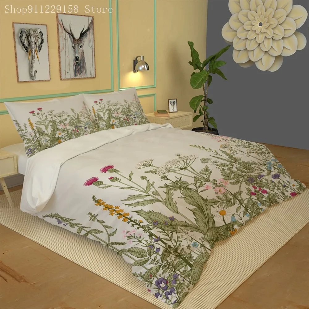 

White Bedding Set Tropical Plant Duvet Cover Set Green Home Textiles Botanical Bed Set King Quilt Cover Teen