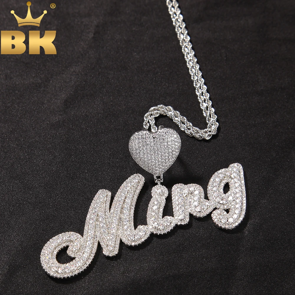 

THE BLING KING Heart Bail Custom Brush Script Bubble Letter Two Tone Pendant Micro Paved CZ Personalized Necklace Hiphop Jewelry