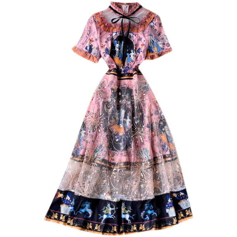 

Palace style retro printing stitching mesh heavy embroidery medium length temperament small dress dress spring dress