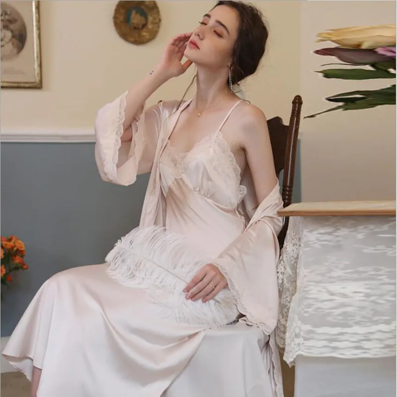Женская пикантная шелковая ночная сорочка из двух частей французская длинная