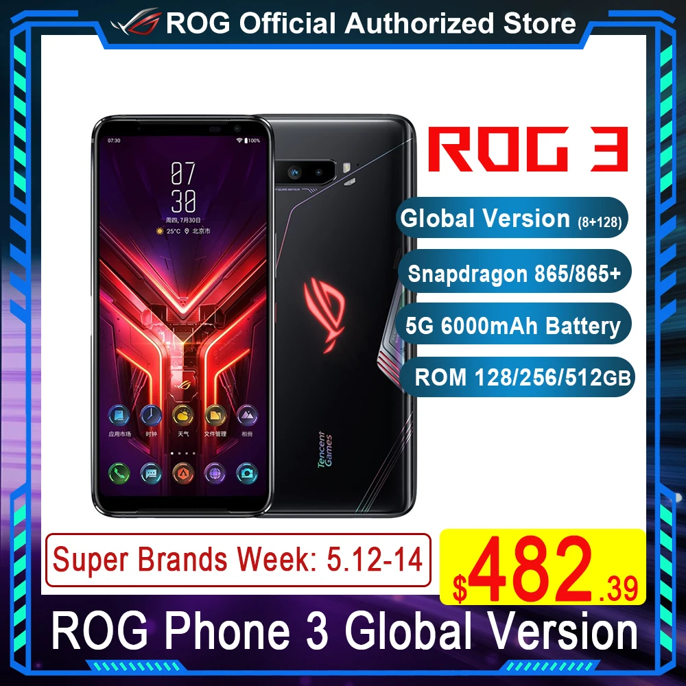 Официальный Оригинал ASUS ROG Phone 3 глобальной Встроенная память 512 ГБ Snapdragon 865/865 + 144 Гц 6000 мА/ч, 64MP ROG3 NFC 5G игровой смартфон ZS661KS - изображение