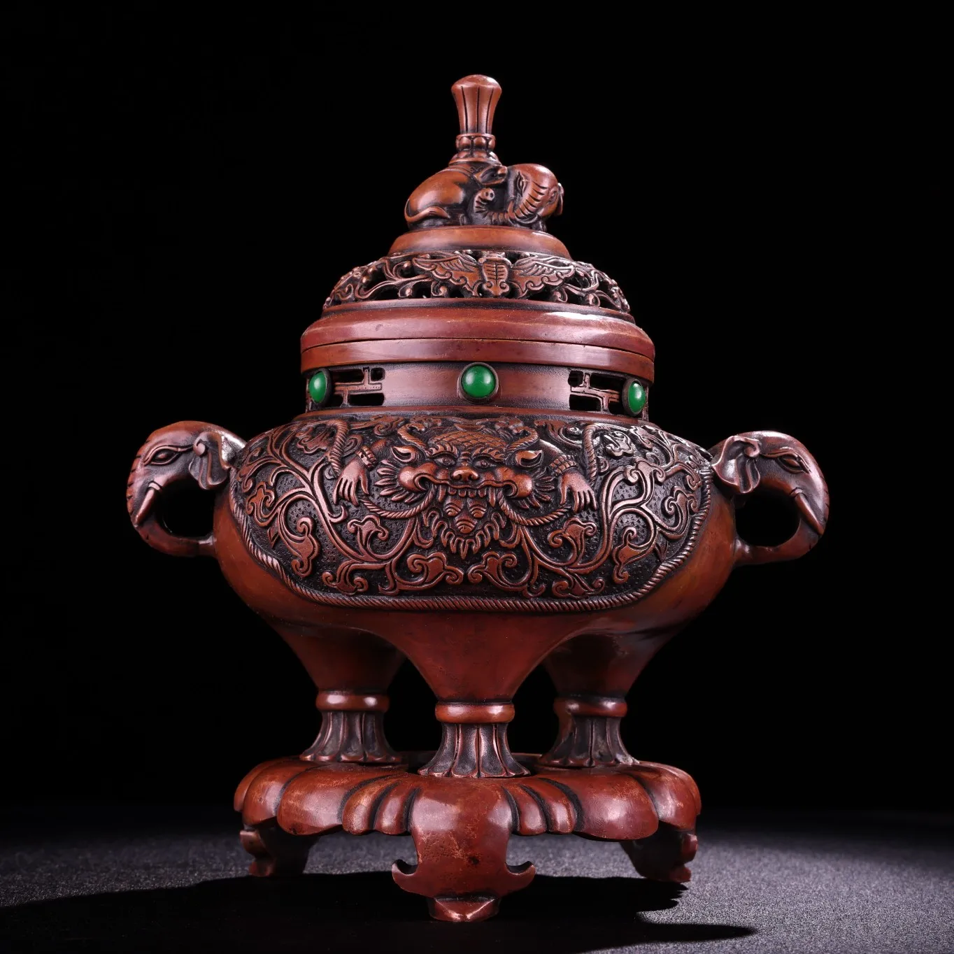 

9"Chinese Folk Collection Old purple Bronze mosaic Gem Elephant trunk Binaural Three-legged incense burner Town House Exorcism