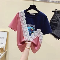 2021 new women summer t shirt joining together iace short sleeves fashion cotton t shirt
