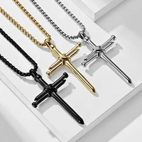 male men nail cross pendant necklace fashion christian jewelry box chain stainless steel black gold color