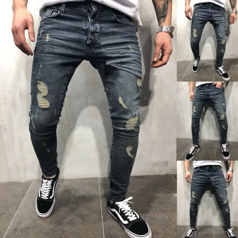 Мужские узкие джинсы с дырками в стиле хип хоп мужские винтажные синие и серые