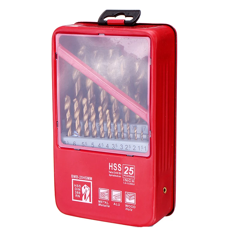 

13/19/25 Pcs M2 HSS 6542 Twist Drill Bit Set 1-6.5/1-10/1-13mm Titanium Coated Drill Bit with Metal Box for Wood Metal Drilling