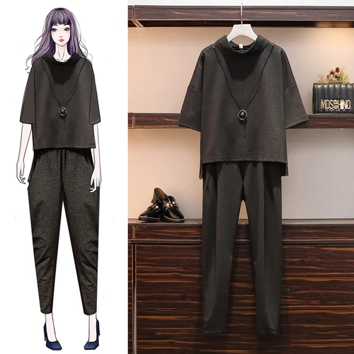 Женский осенний комплект из двух предметов размера плюс топа с ожерельем и