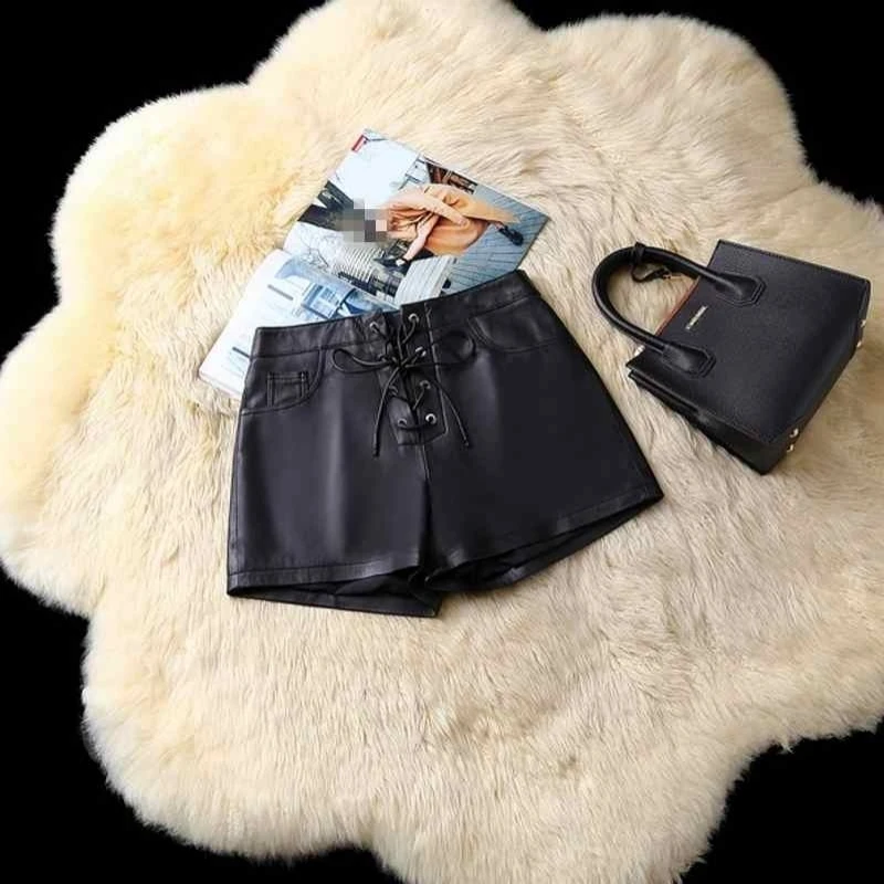 Genuine Elegant Black Leather Shorts Women Sexy Winter Low Waist Shorts Casual Streetwear Female Shorts Skirts Lace Up Big Size