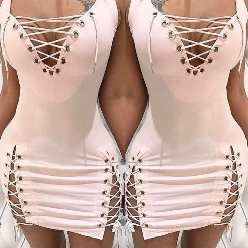 

Dresses for Women V-neck Lace Up Sheath Sexy Dresses Party Night Club Mini Dress Sleeveless Package Hip Spaghetti Strap Dress