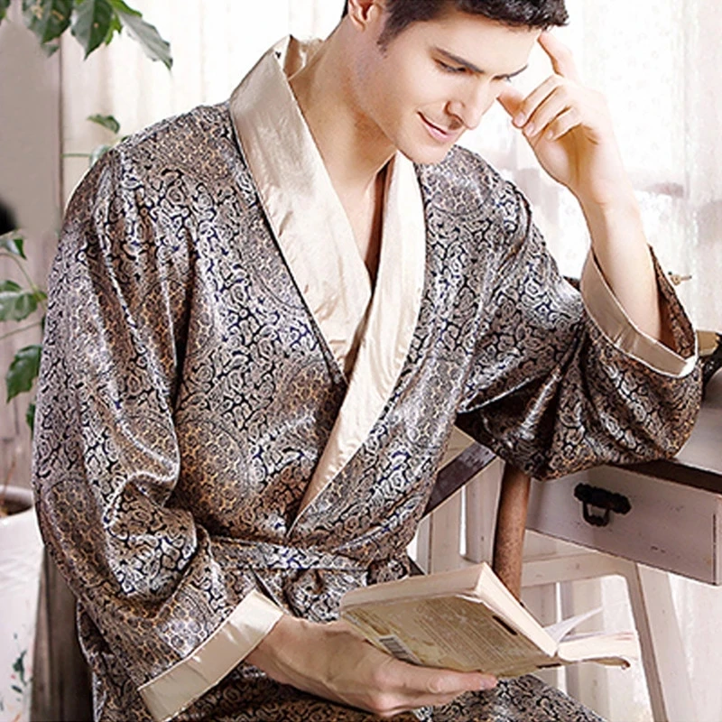 Two-Piece Satin Silk Luxury Robes Set For Men's Sleepwear Summer Bathrobe Man Pajamas Kimono Men Home Soft Cozy Bath robe Gow