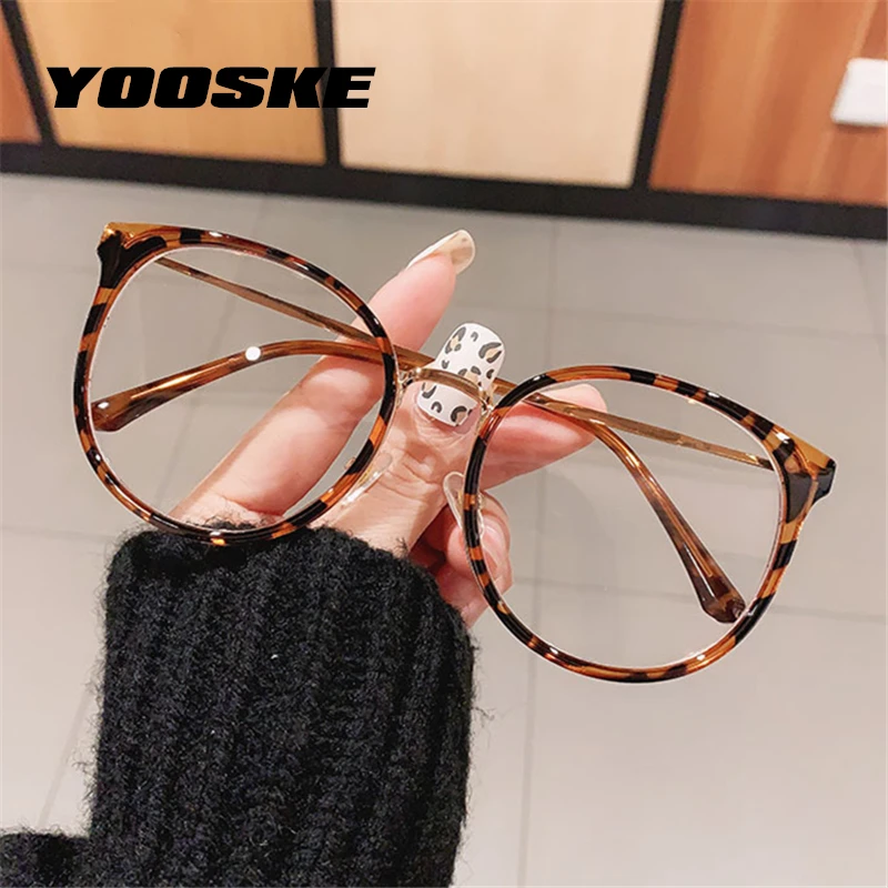 

YOOSKE Brand Fashion Round Glasses Frames Women Men Clear Eyeglasses Leopard Green Lens Optical Frame Vintage Metal Spectacles