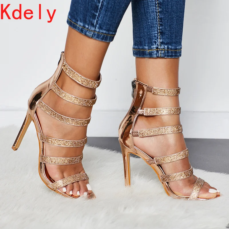 

2021 Women Sandals PU Sequined Cloth Slip on 11.5CM Thin Heels High Heels Round Toe Rhinestones Shallow Sandal for Women Shoes