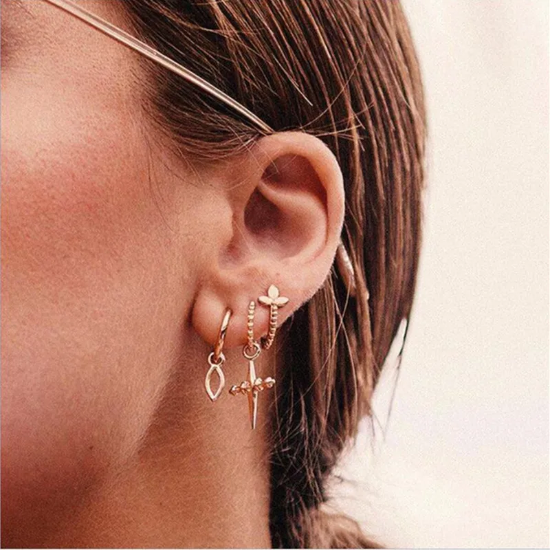 New Chain Gold Earrings For Woman Trendy Geometric CrossTriangle Circle Moon Star Pendant Dangle Set Female Jewelry | Украшения и