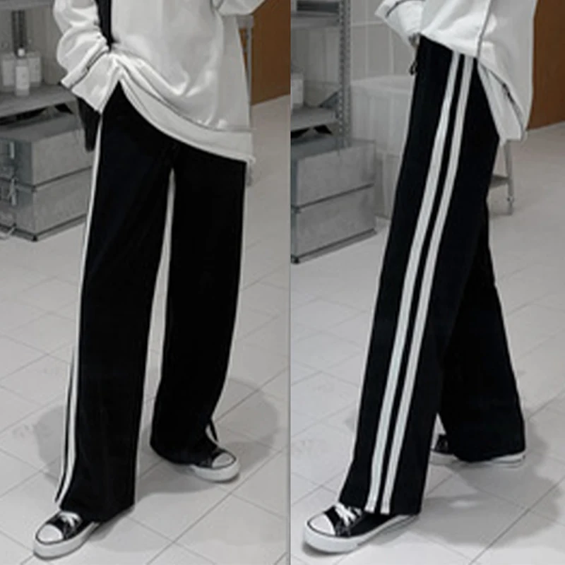 

High Waist Side Striped Women's Straight Pants Drawstring Causal Lady Wide Leg Pant 2021 Spring Autumn Women Loose long Trousers