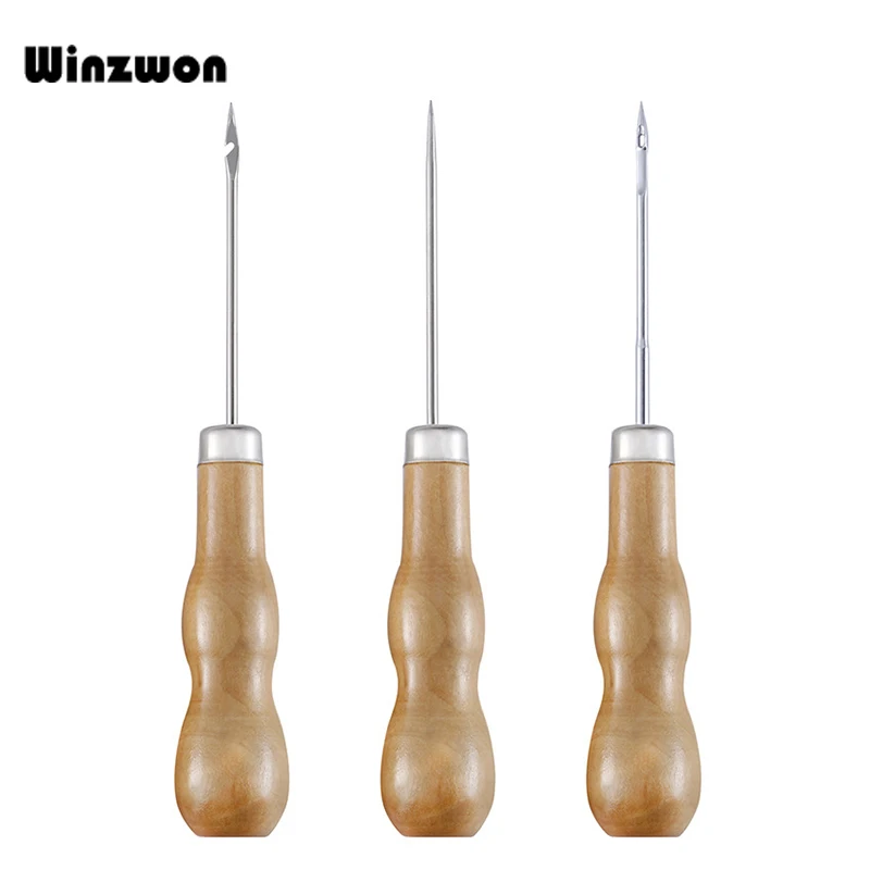 

3Pcs Wooden Handle Sewing Awl DIY Carft Stitch Needle Cone Die Stencils Canvas Shoes Repair Punch Awl Leather Craft Awl Tool