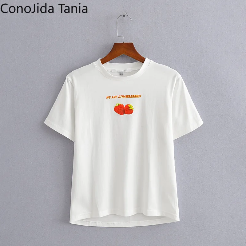

Summer 2021 New Women's Round Neck Strawberry Print Short-sleeved Pullover Slim White T-shirt
